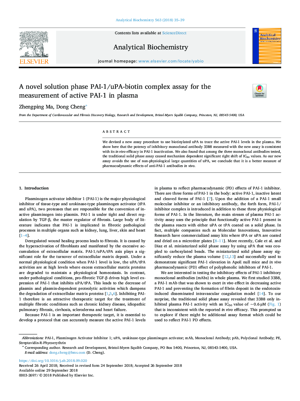 A novel solution phase PAI-1/uPA-biotin complex assay for the measurement of active PAI-1 in plasma