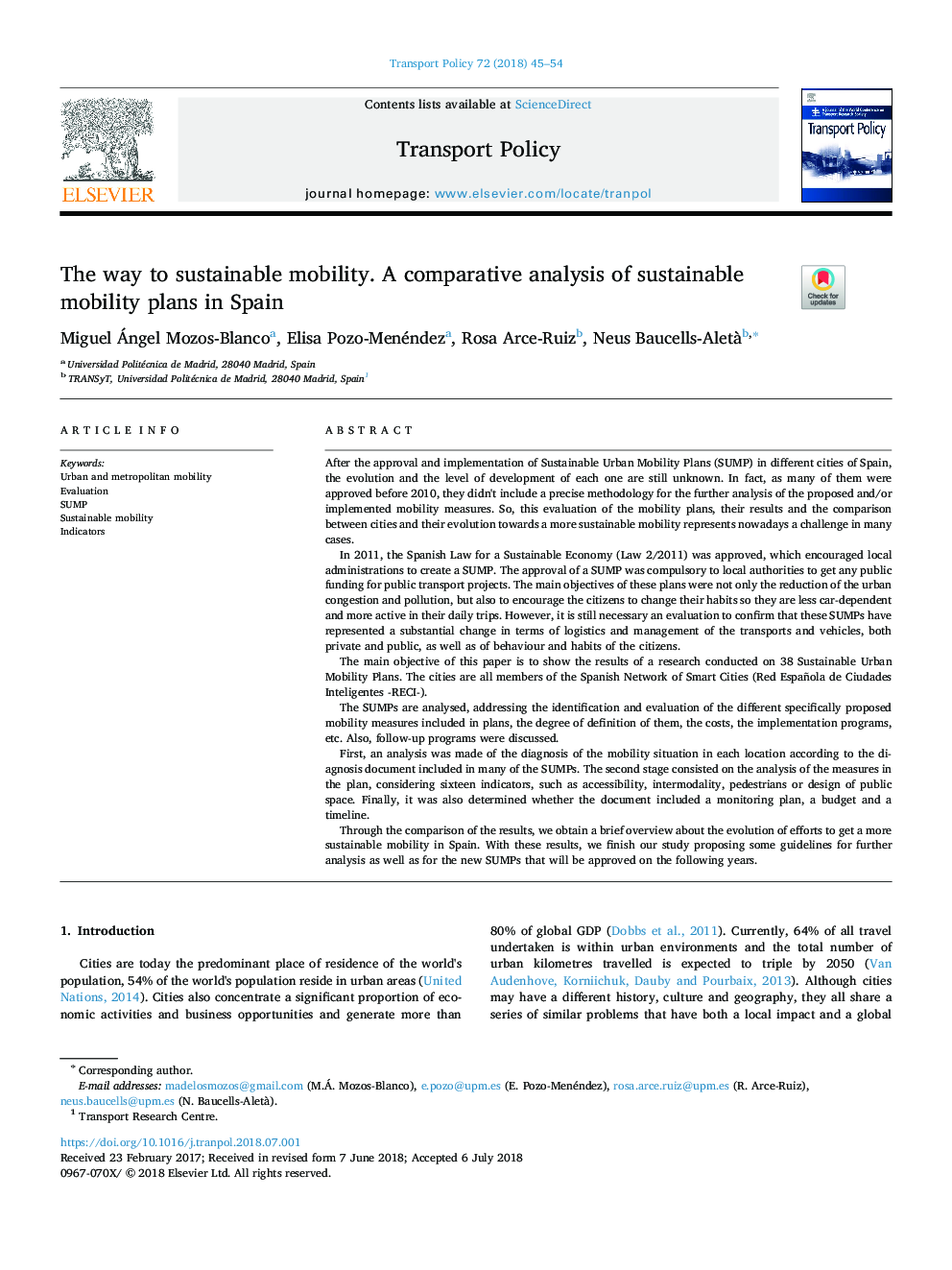 The way to sustainable mobility. A comparative analysis of sustainable mobility plans in Spain
