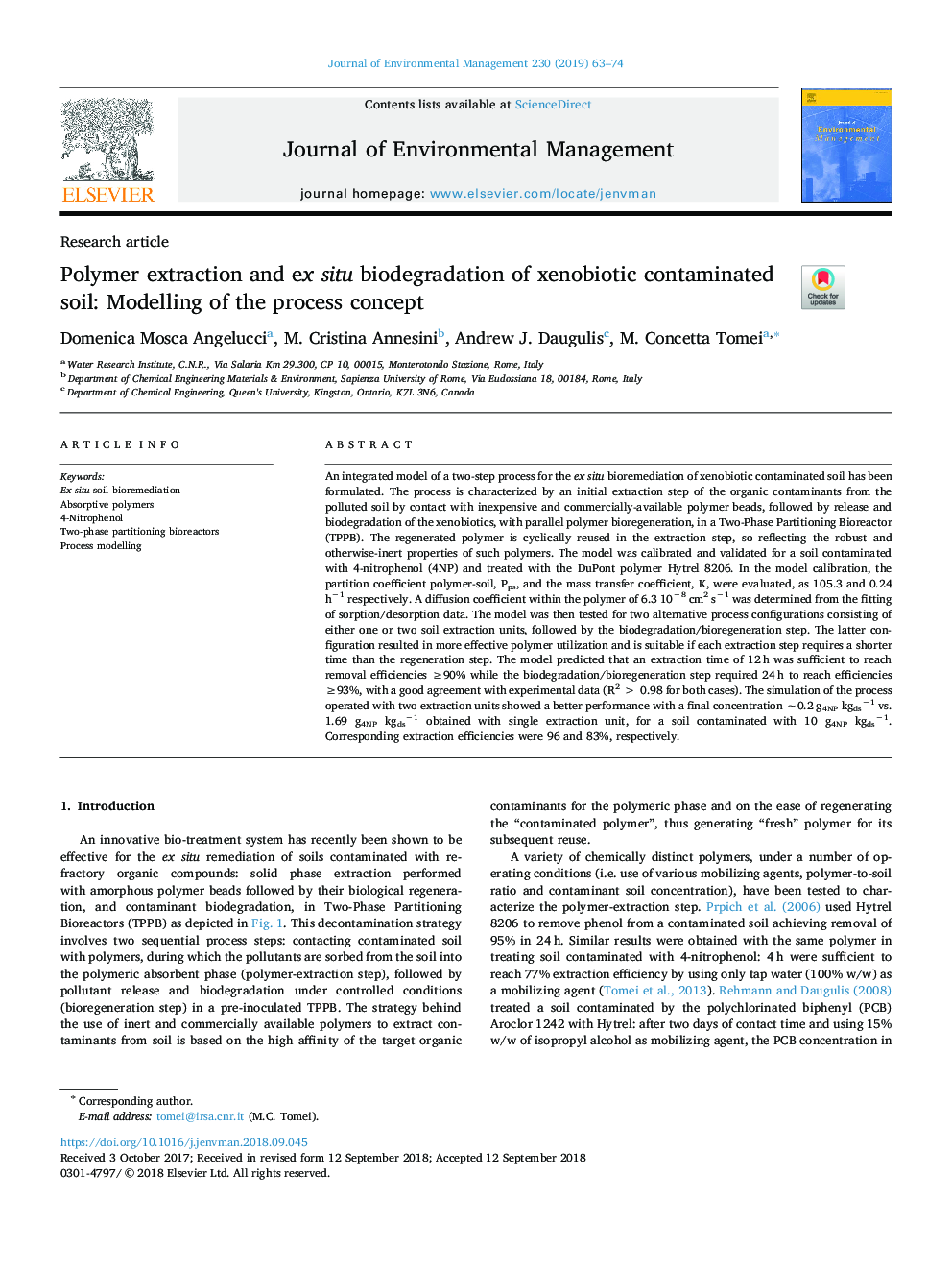 Polymer extraction and ex situ biodegradation of xenobiotic contaminated soil: Modelling of the process concept