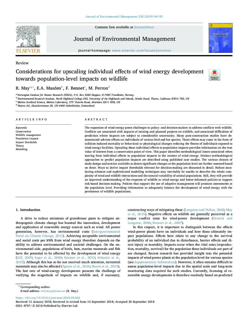 Considerations for upscaling individual effects of wind energy development towards population-level impacts on wildlife