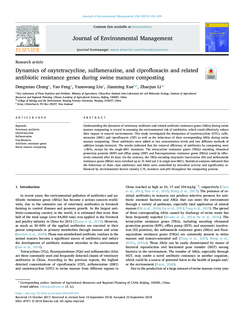 Dynamics of oxytetracycline, sulfamerazine, and ciprofloxacin and related antibiotic resistance genes during swine manure composting