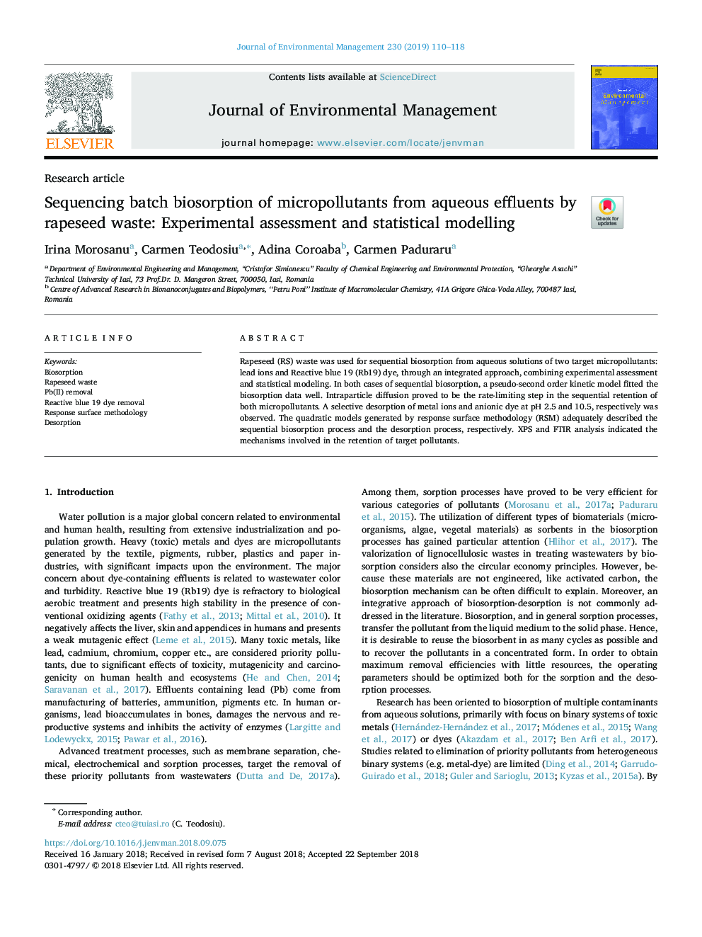 Sequencing batch biosorption of micropollutants from aqueous effluents by rapeseed waste: Experimental assessment and statistical modelling