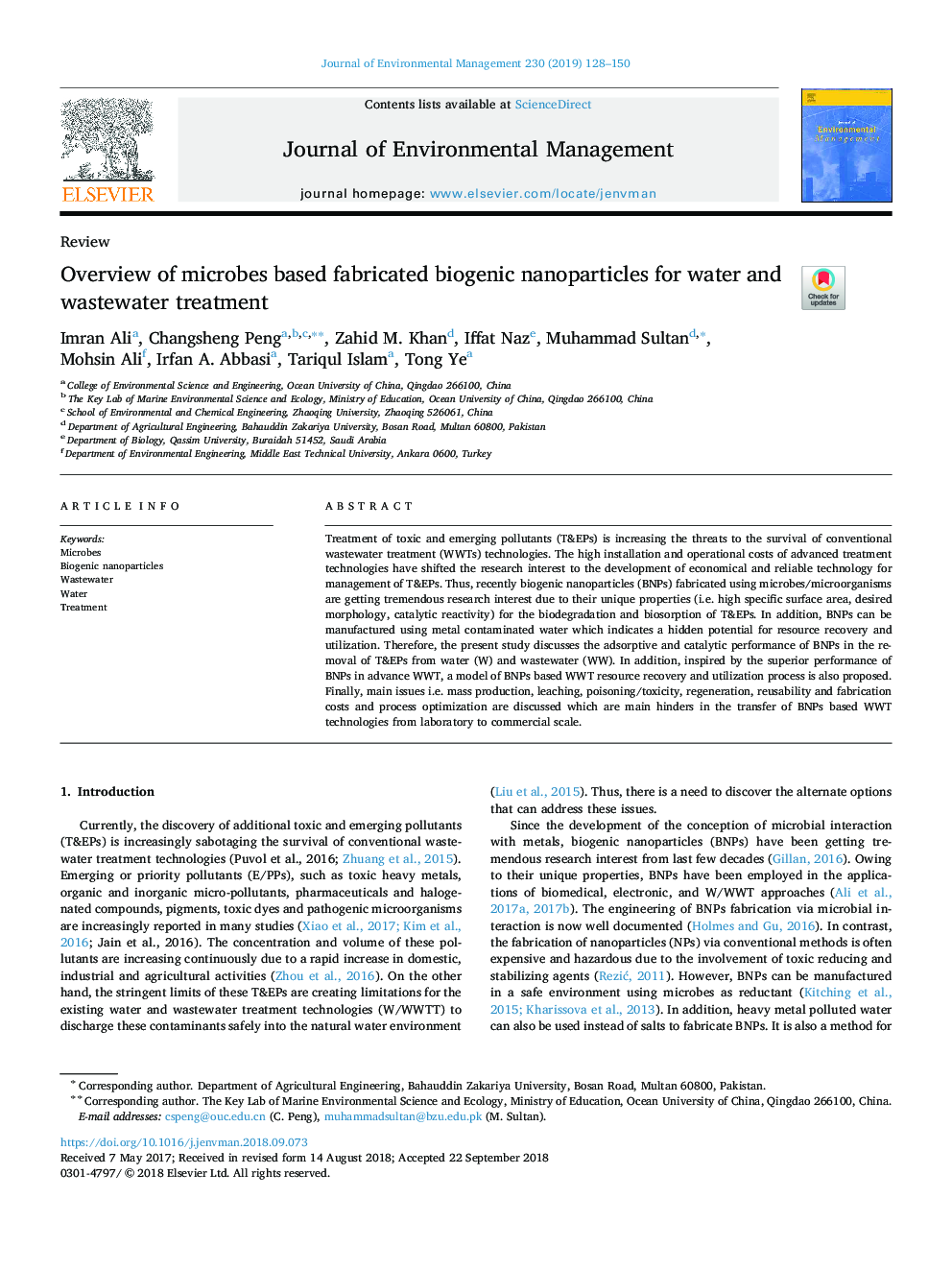 Overview of microbes based fabricated biogenic nanoparticles for water and wastewater treatment