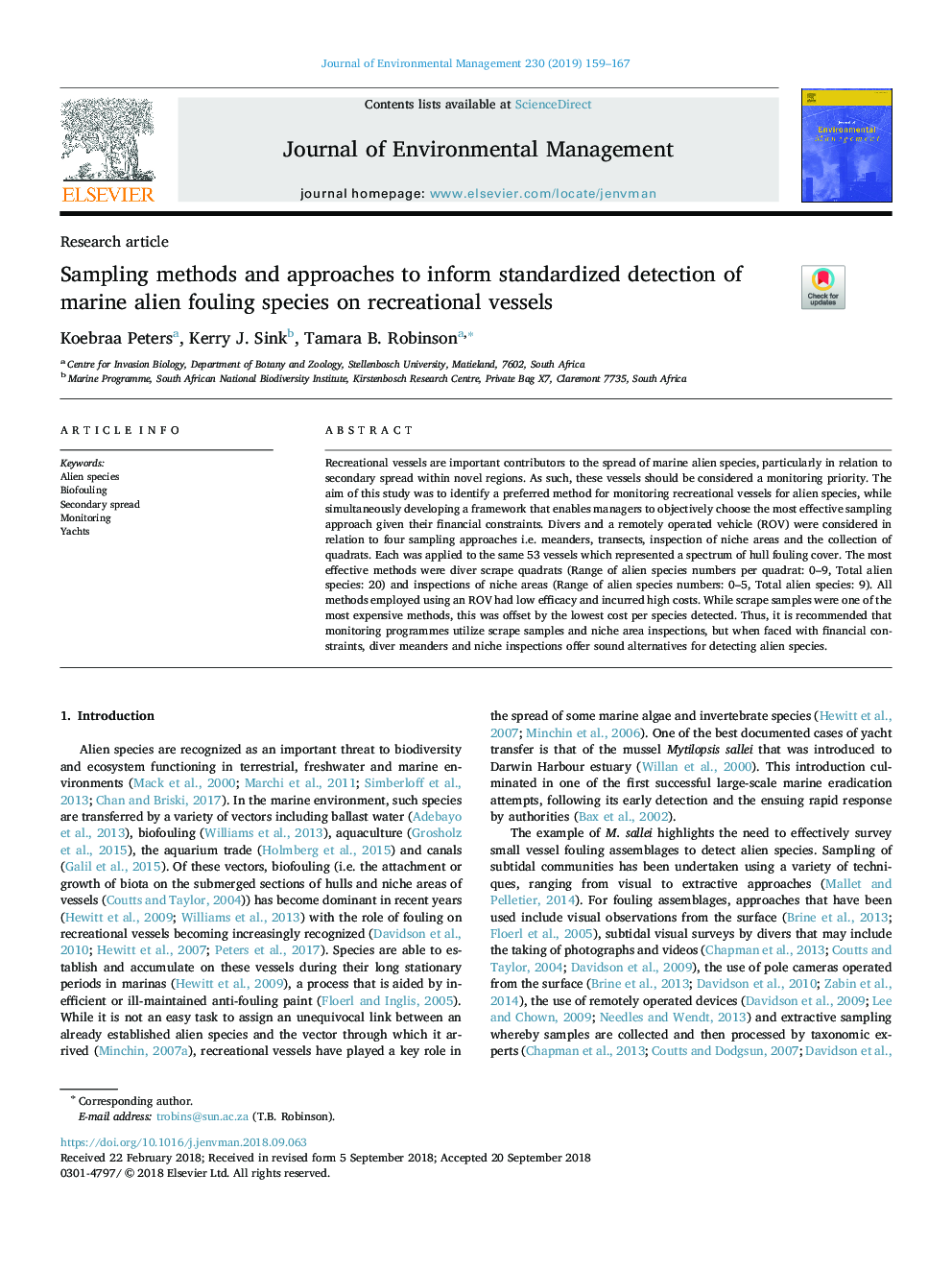 Sampling methods and approaches to inform standardized detection of marine alien fouling species on recreational vessels