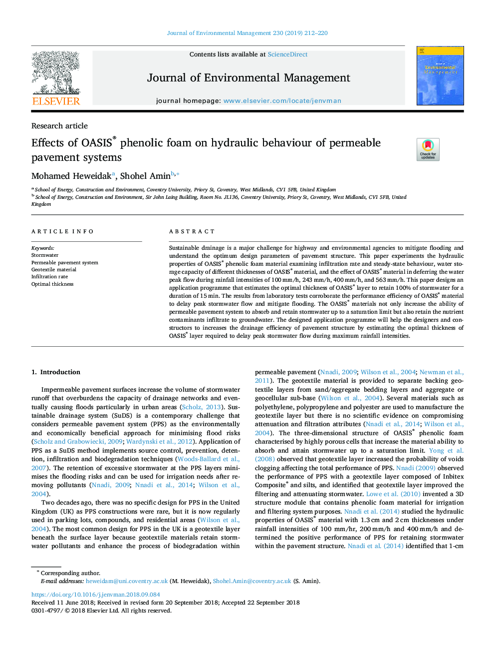 Effects of OASIS® phenolic foam on hydraulic behaviour of permeable pavement systems