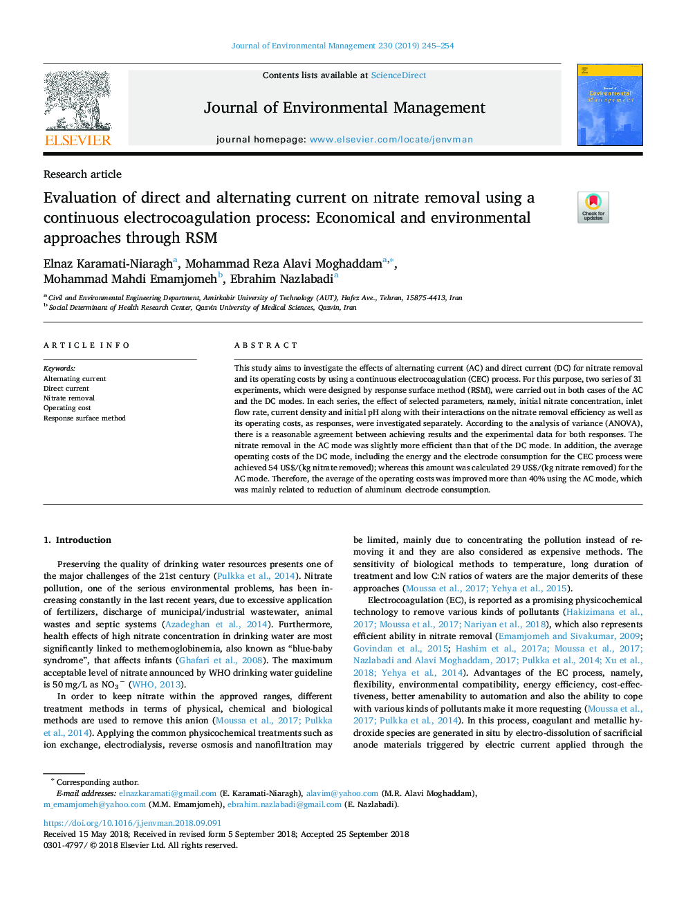 Evaluation of direct and alternating current on nitrate removal using a continuous electrocoagulation process: Economical and environmental approaches through RSM