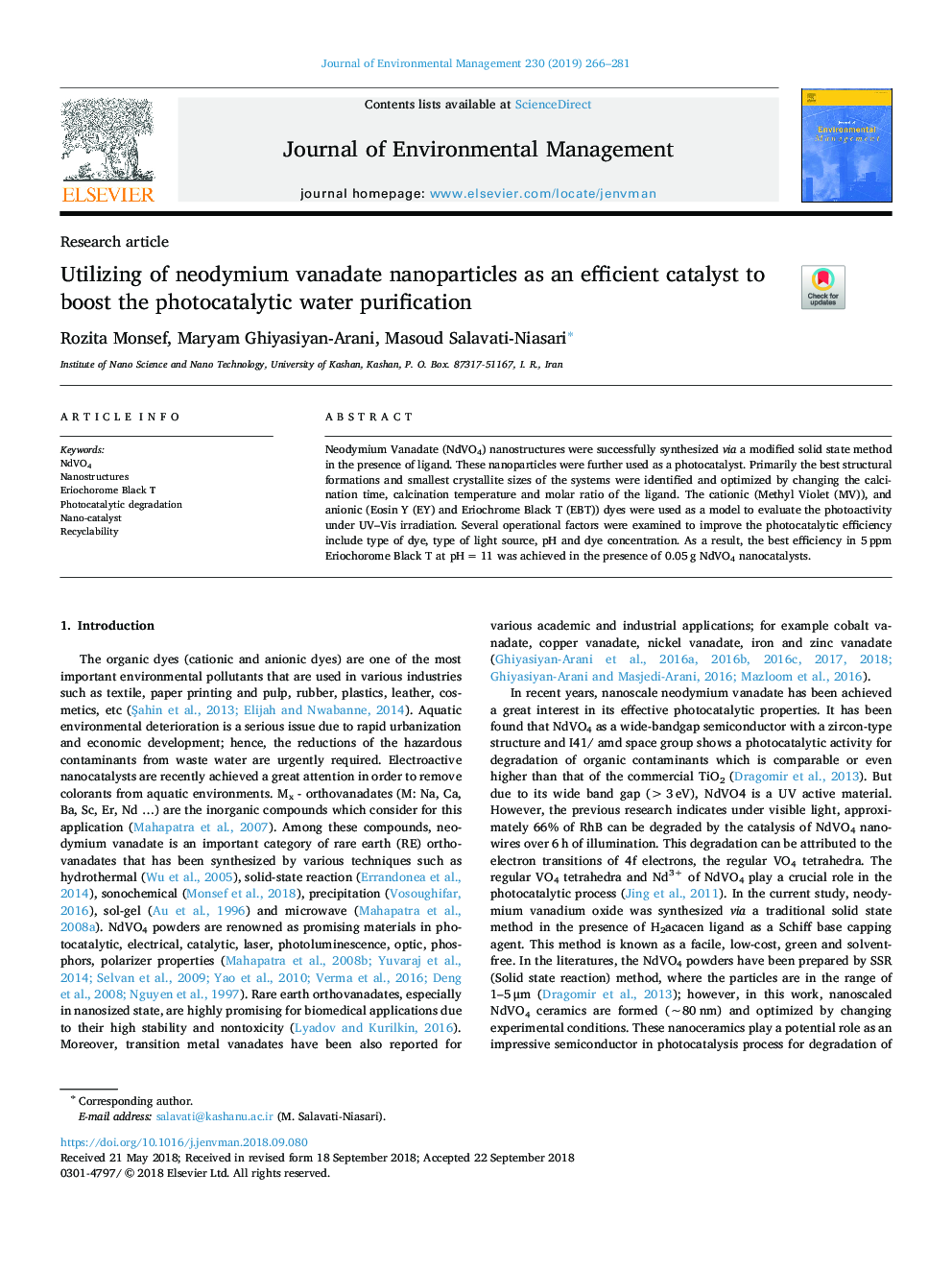 Utilizing of neodymium vanadate nanoparticles as an efficient catalyst to boost the photocatalytic water purification