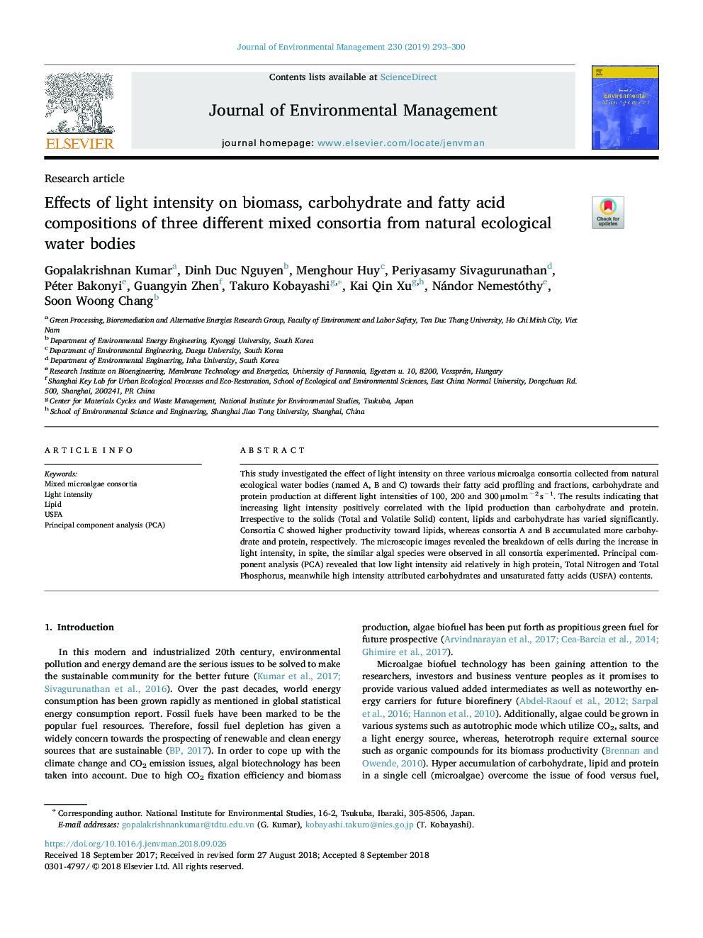 Effects of light intensity on biomass, carbohydrate and fatty acid compositions of three different mixed consortia from natural ecological water bodies