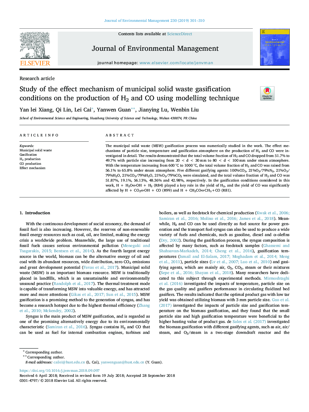 Study of the effect mechanism of municipal solid waste gasification conditions on the production of H2 and CO using modelling technique