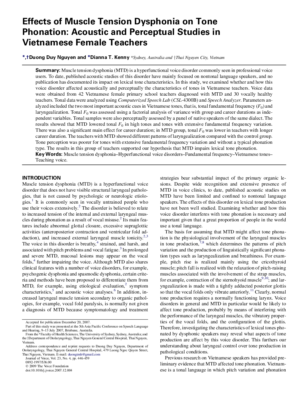 Effects of Muscle Tension Dysphonia on Tone Phonation: Acoustic and Perceptual Studies in Vietnamese Female Teachers 