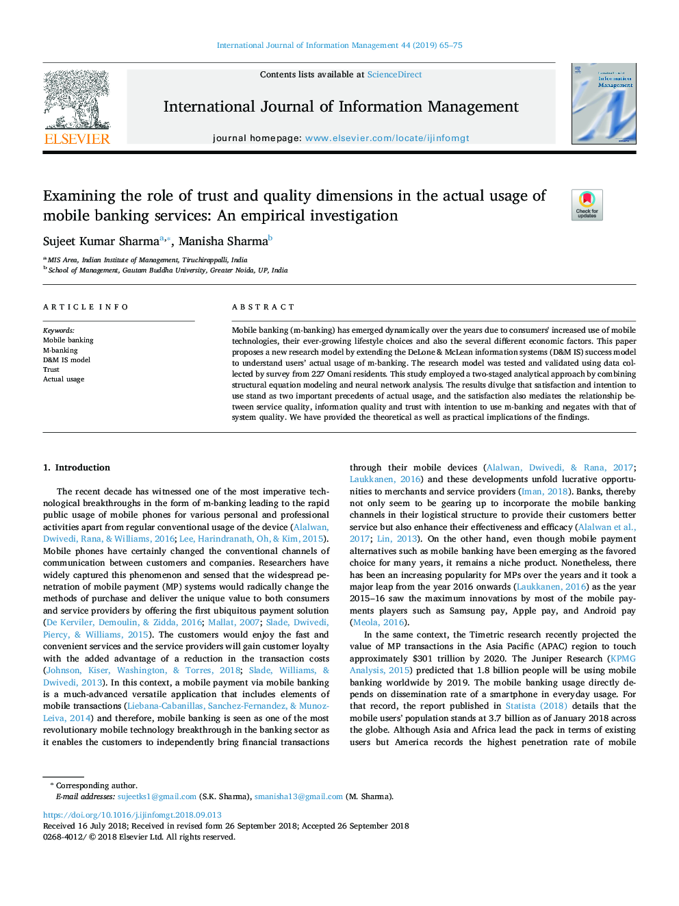 Examining the role of trust and quality dimensions in the actual usage of mobile banking services: An empirical investigation