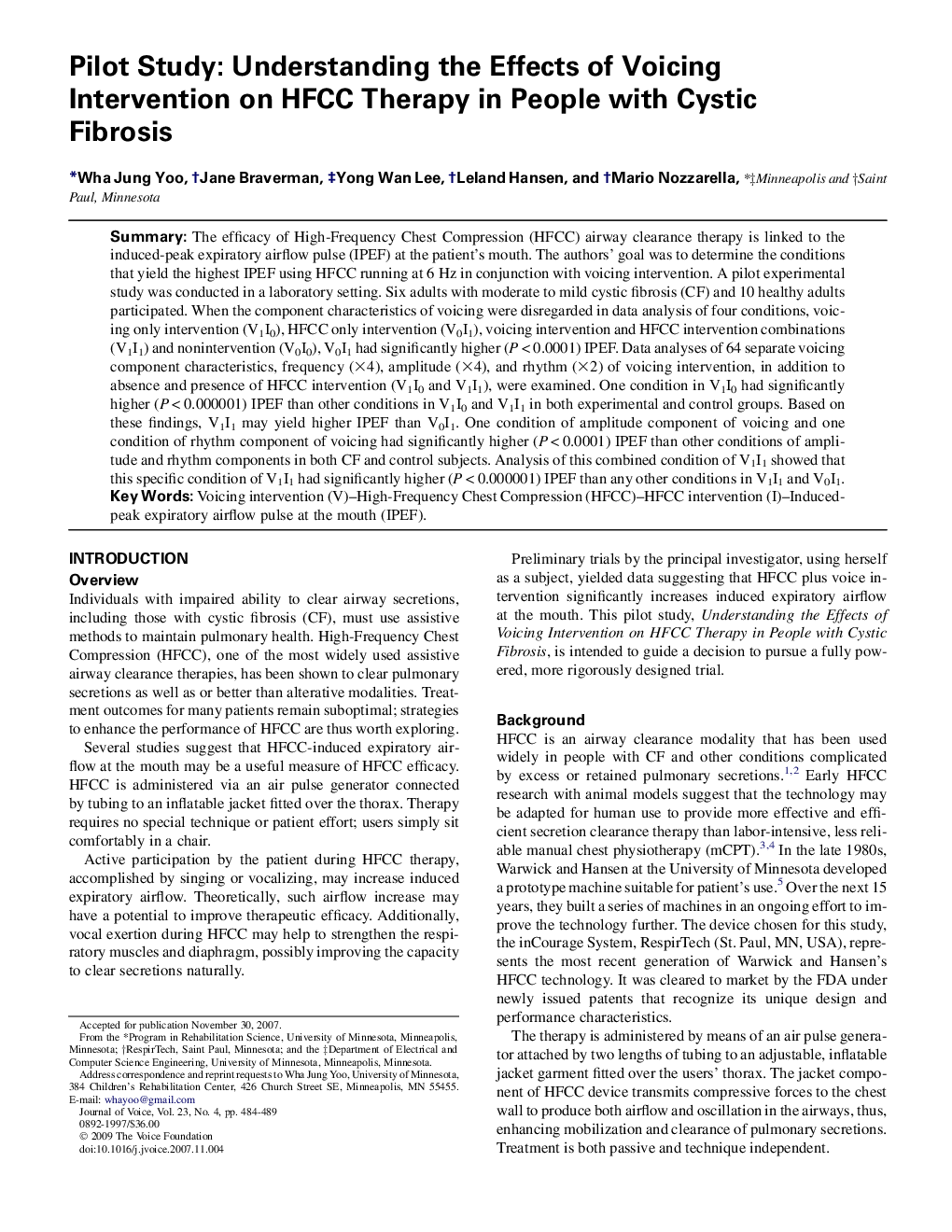 Pilot Study: Understanding the Effects of Voicing Intervention on HFCC Therapy in People with Cystic Fibrosis