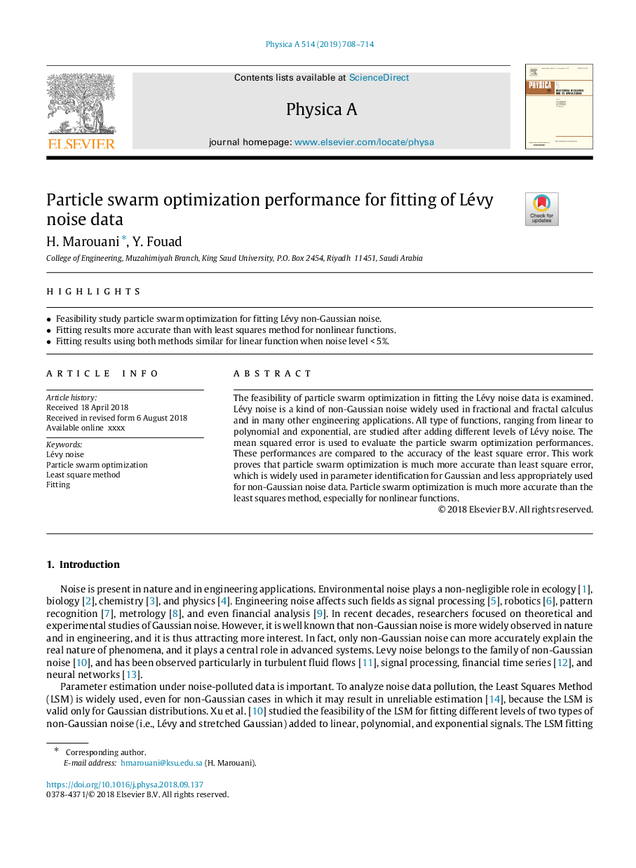 Particle swarm optimization performance for fitting of Lévy noise data