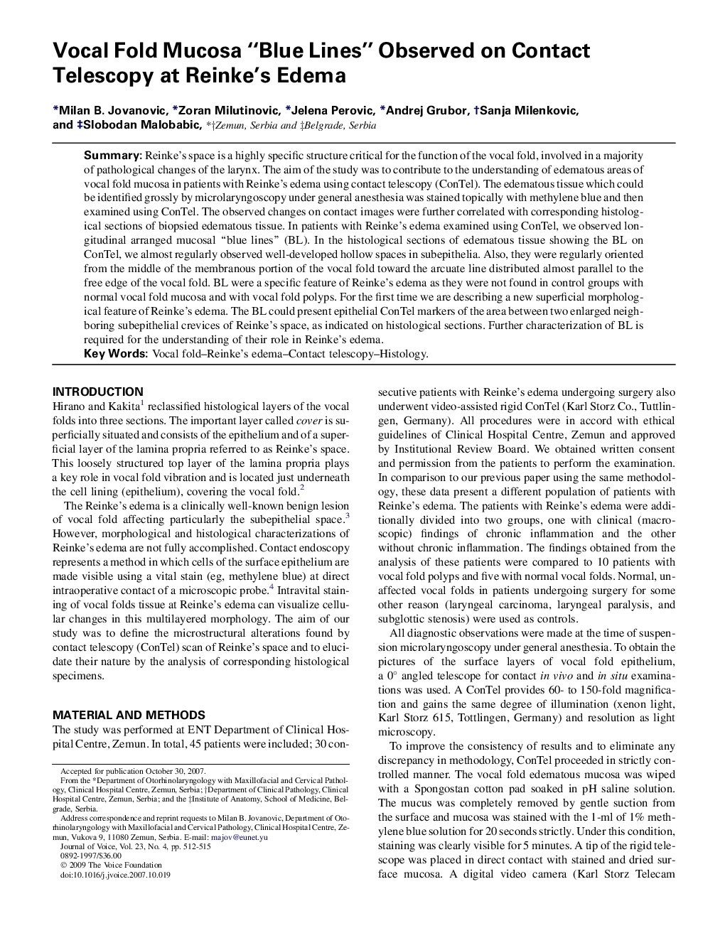 Vocal Fold Mucosa “Blue Lines” Observed on Contact Telescopy at Reinke's Edema