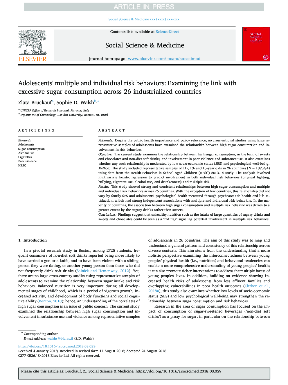 Adolescents' multiple and individual risk behaviors: Examining the link with excessive sugar consumption across 26 industrialized countries