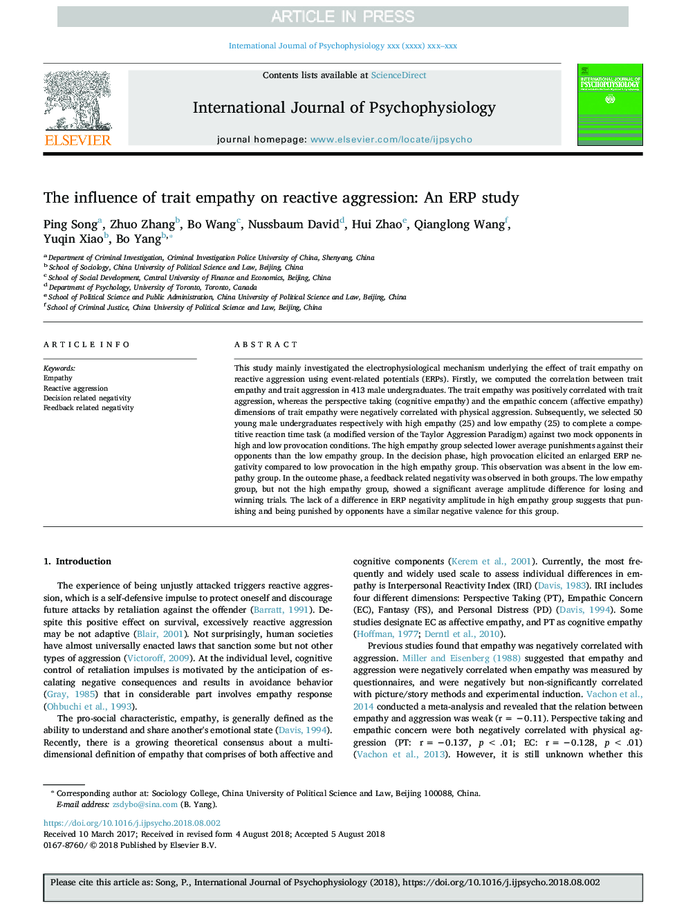 The influence of trait empathy on reactive aggression: An ERP study