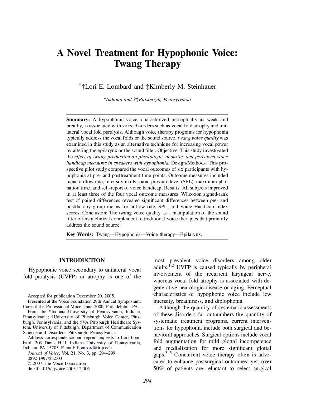 A Novel Treatment for Hypophonic Voice: Twang Therapy 