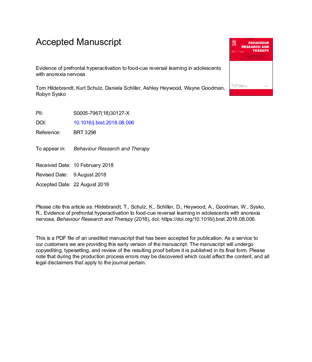 Evidence of prefrontal hyperactivation to food-cue reversal learning in adolescents with anorexia nervosa