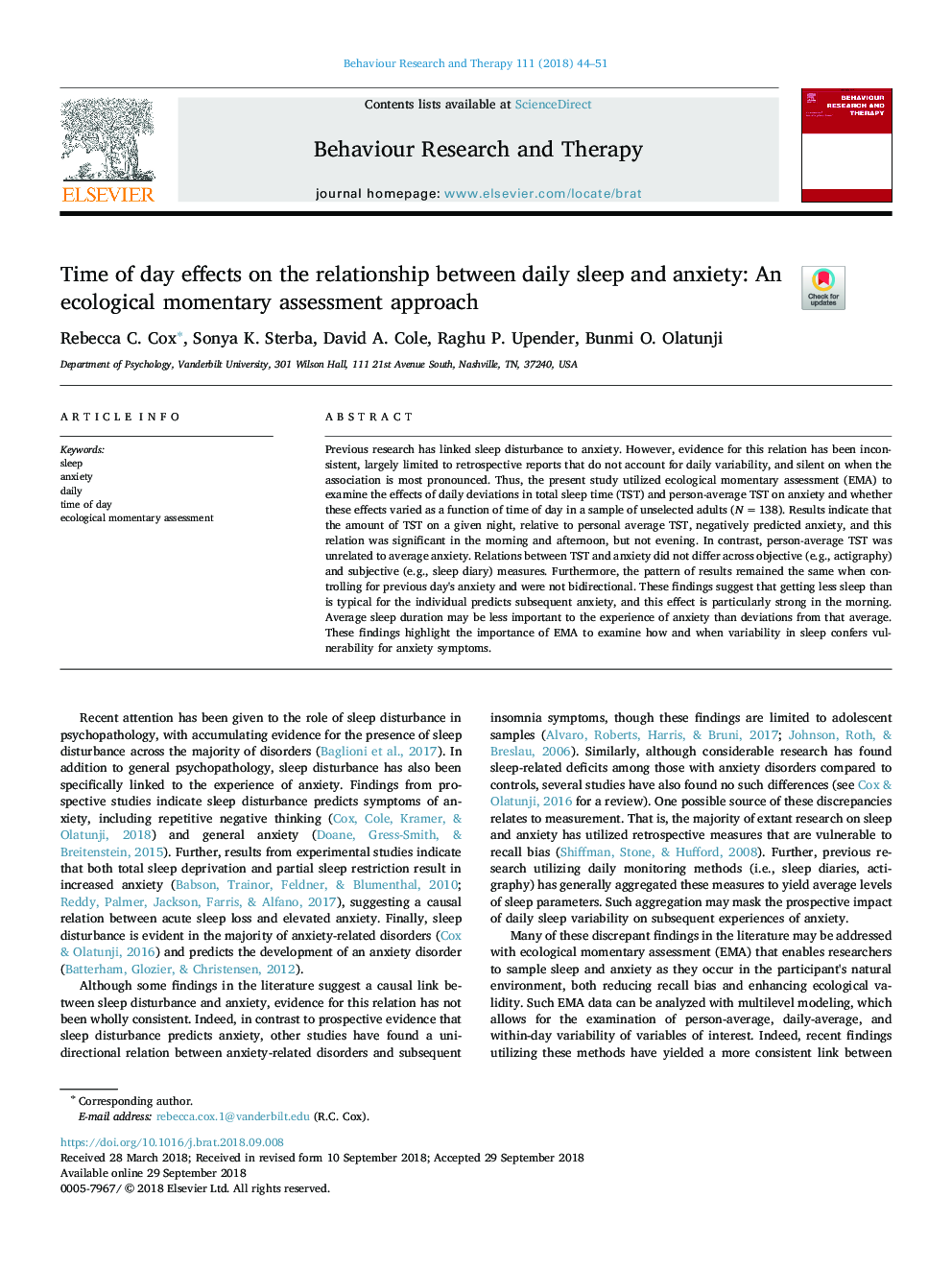 Time of day effects on the relationship between daily sleep and anxiety: An ecological momentary assessment approach