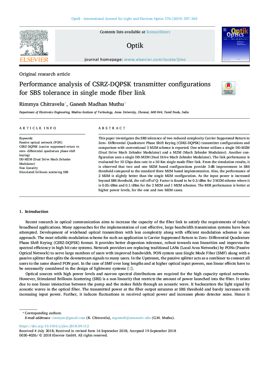 Performance analysis of CSRZ-DQPSK transmitter configurations for SBS tolerance in single mode fiber link