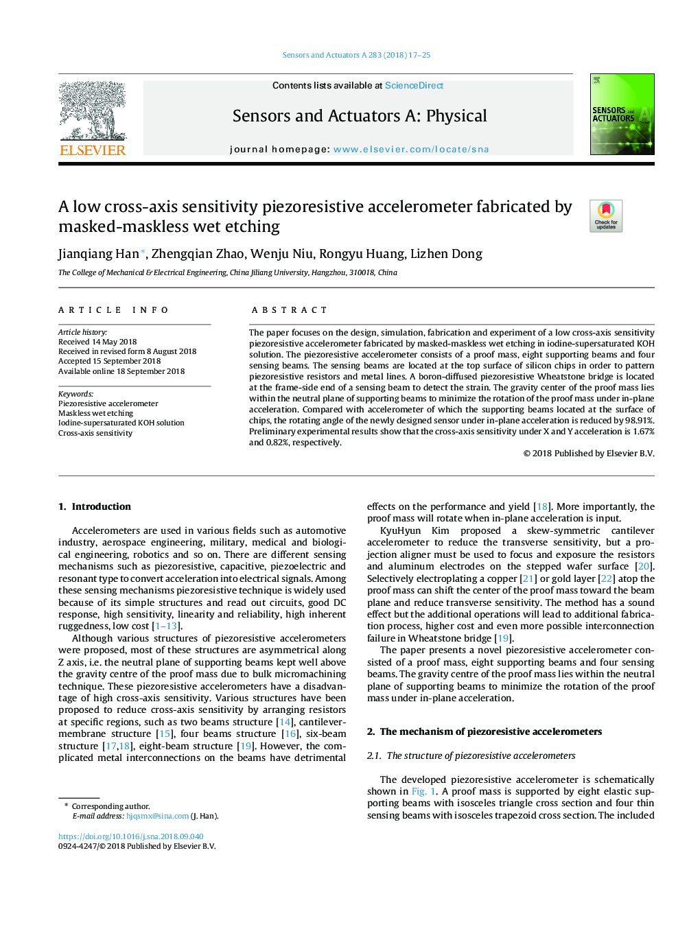 A low cross-axis sensitivity piezoresistive accelerometer fabricated by masked-maskless wet etching