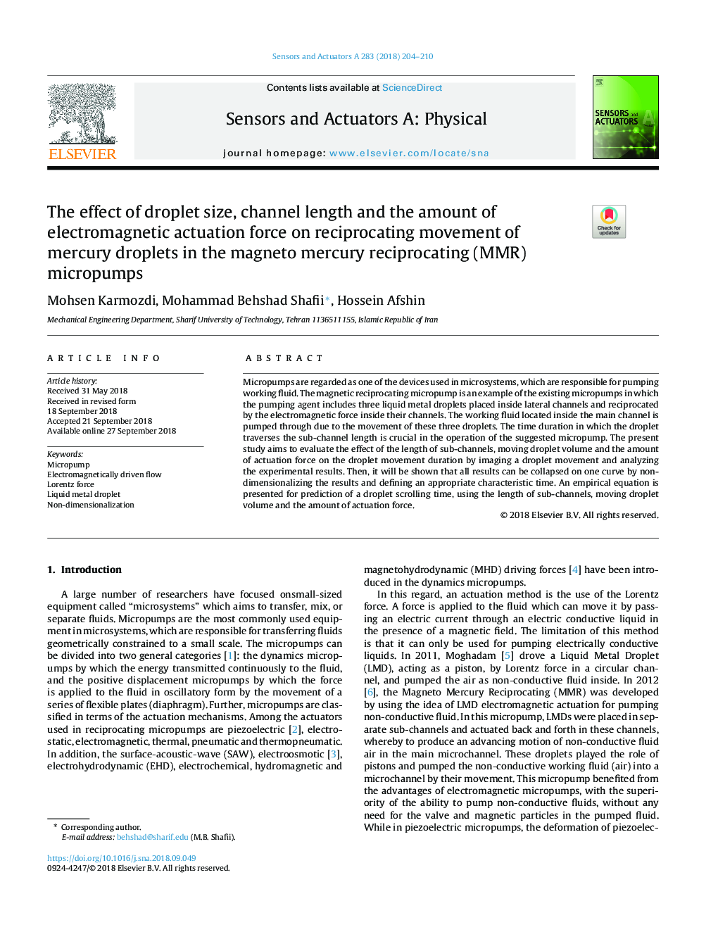 The effect of droplet size, channel length and the amount of electromagnetic actuation force on reciprocating movement of mercury droplets in the magneto mercury reciprocating (MMR) micropumps