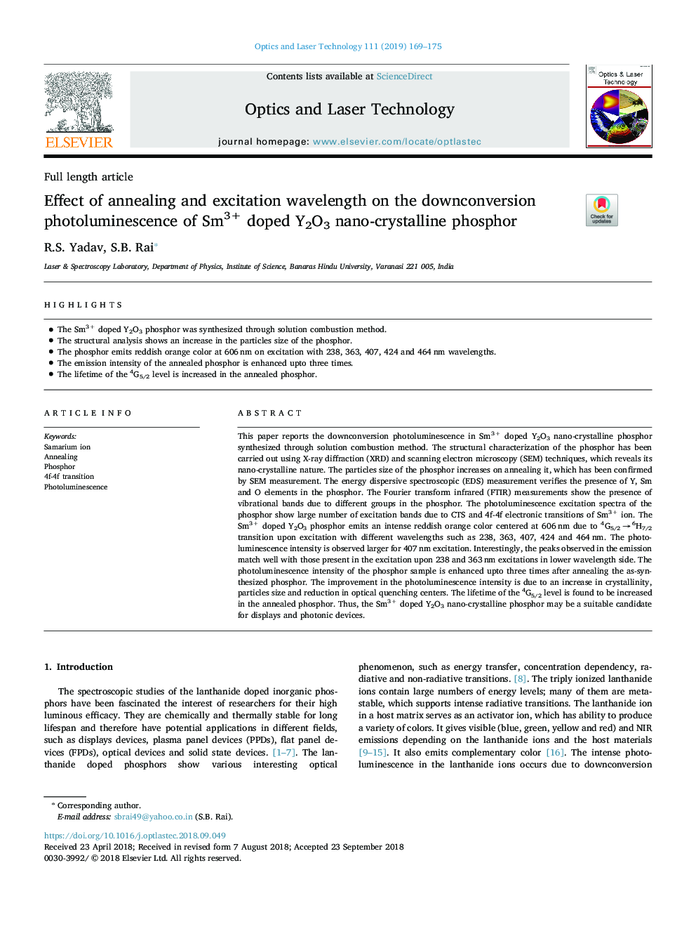 Effect of annealing and excitation wavelength on the downconversion photoluminescence of Sm3+ doped Y2O3 nano-crystalline phosphor