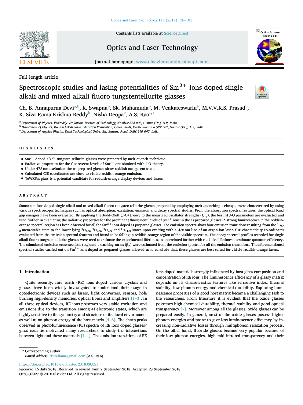 Spectroscopic studies and lasing potentialities of Sm3+ ions doped single alkali and mixed alkali fluoro tungstentellurite glasses