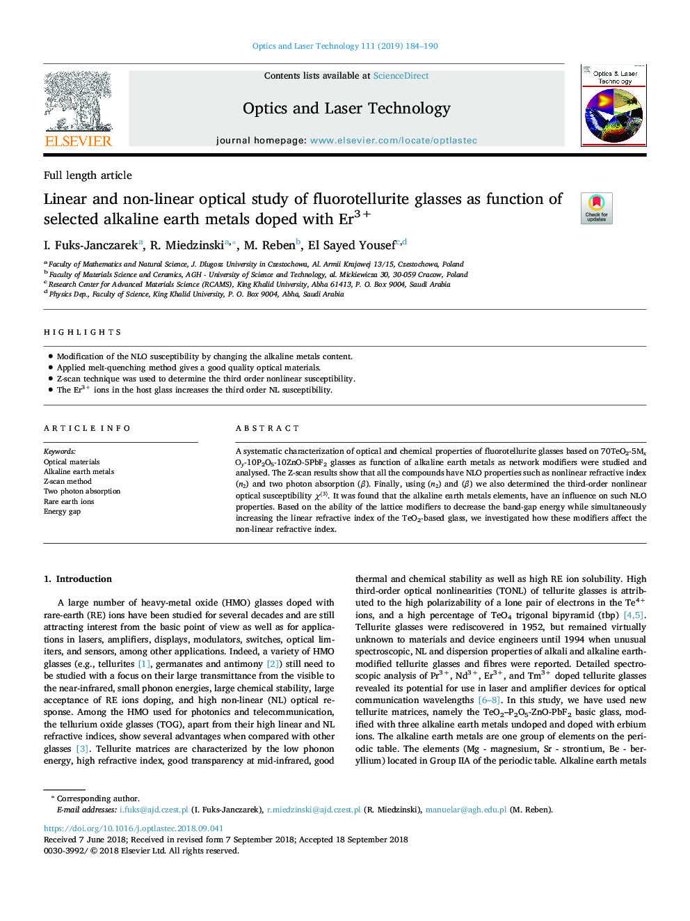 Linear and non-linear optical study of fluorotellurite glasses as function of selected alkaline earth metals doped with Er3+