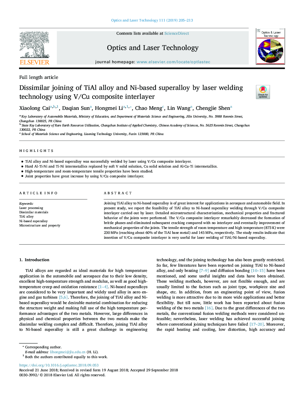 Dissimilar joining of TiAl alloy and Ni-based superalloy by laser welding technology using V/Cu composite interlayer