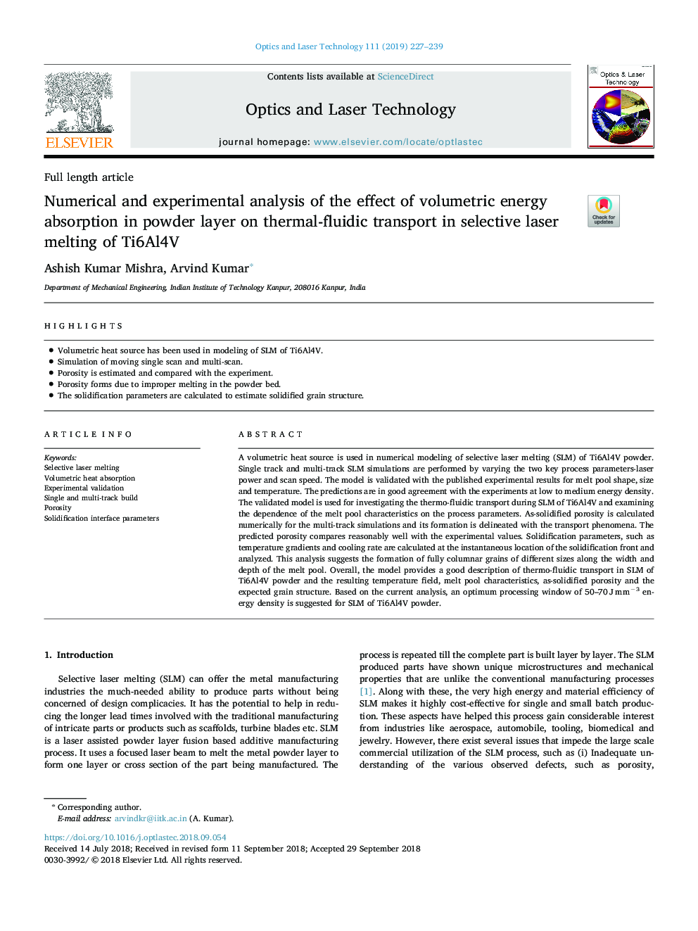 Numerical and experimental analysis of the effect of volumetric energy absorption in powder layer on thermal-fluidic transport in selective laser melting of Ti6Al4V