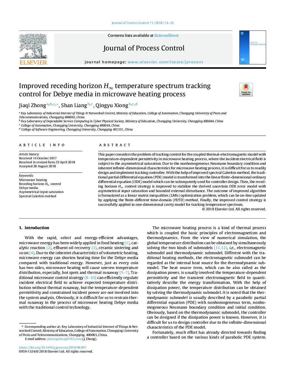 Improved receding horizon Hâ temperature spectrum tracking control for Debye media in microwave heating process