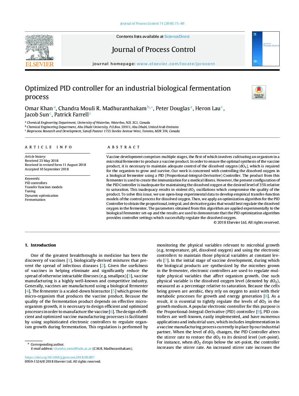 Optimized PID controller for an industrial biological fermentation process