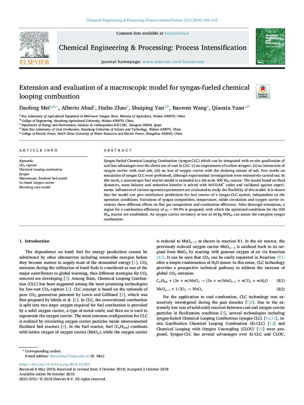 Extension and evaluation of a macroscopic model for syngas-fueled chemical looping combustion