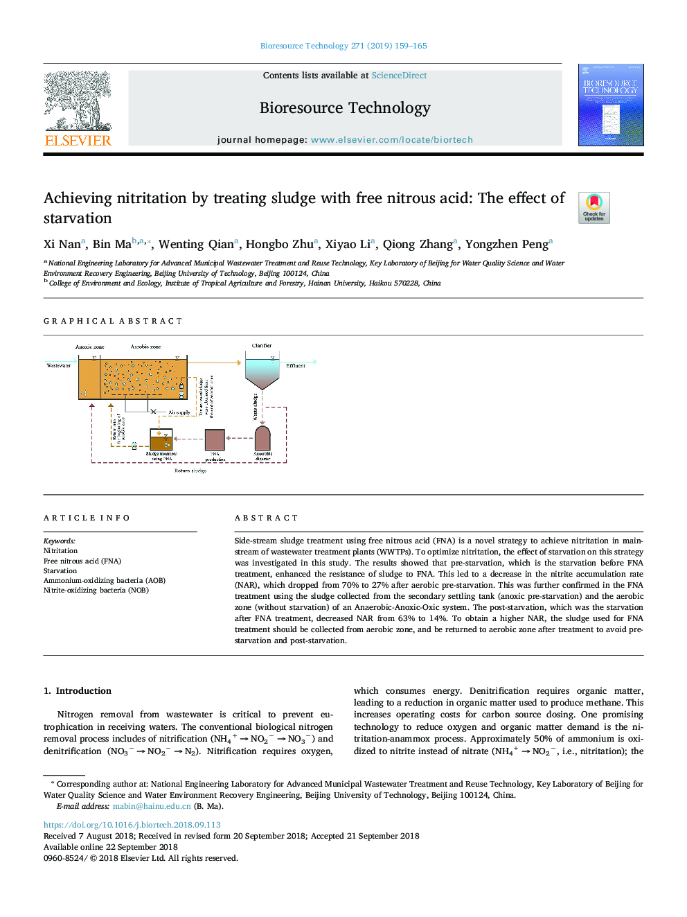 Achieving nitritation by treating sludge with free nitrous acid: The effect of starvation