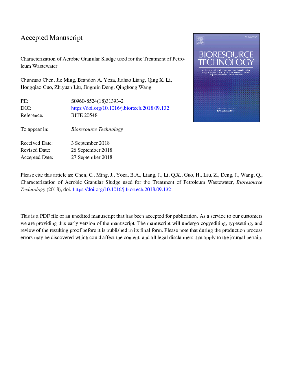 Characterization of aerobic granular sludge used for the treatment of petroleum wastewater