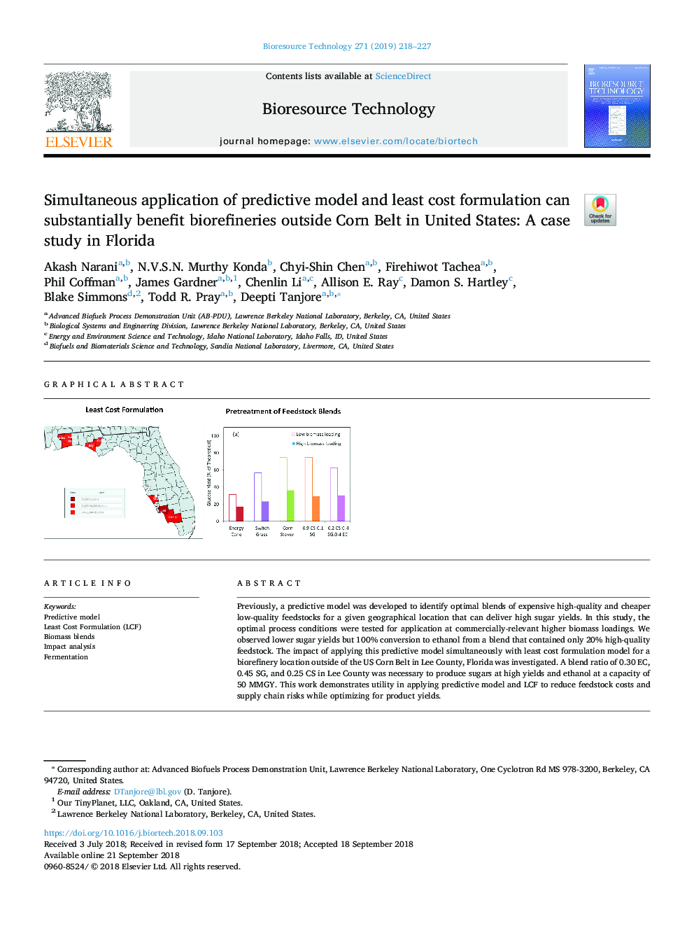 Simultaneous application of predictive model and least cost formulation can substantially benefit biorefineries outside Corn Belt in United States: A case study in Florida