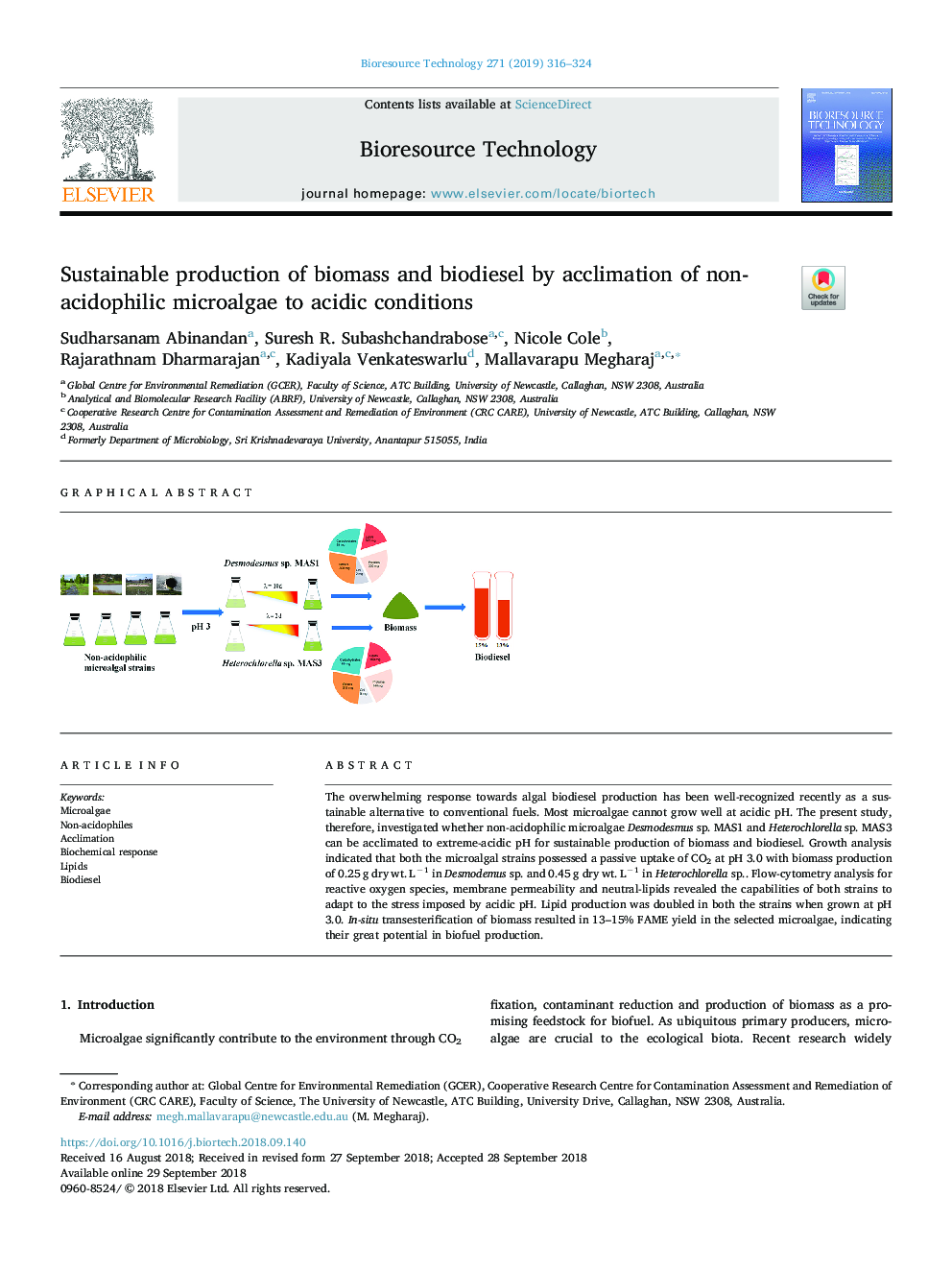 Sustainable production of biomass and biodiesel by acclimation of non-acidophilic microalgae to acidic conditions