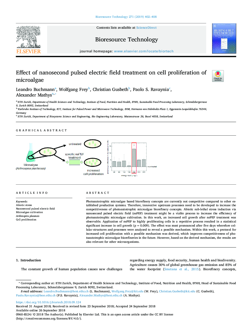 Effect of nanosecond pulsed electric field treatment on cell proliferation of microalgae