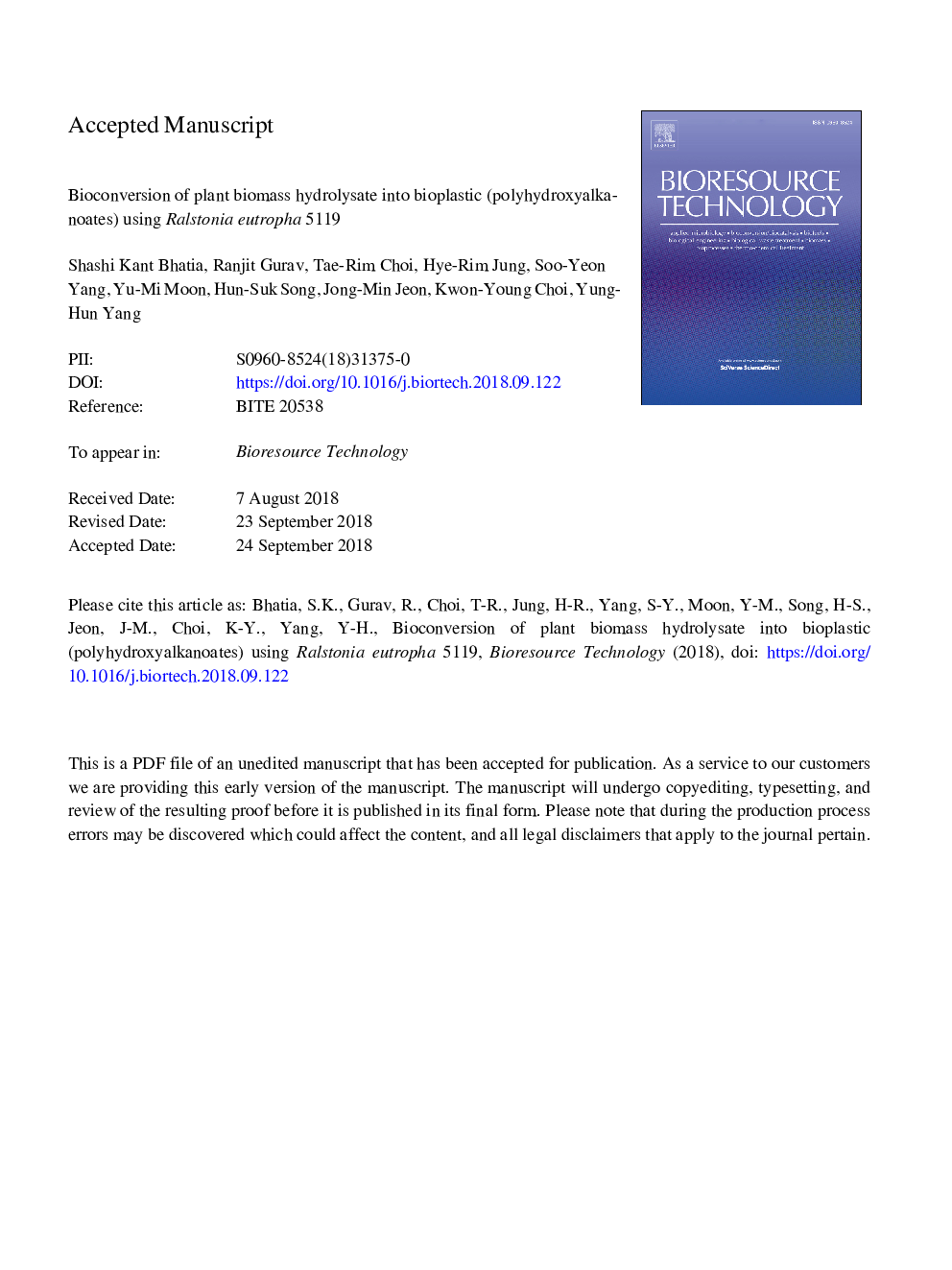 Bioconversion of plant biomass hydrolysate into bioplastic (polyhydroxyalkanoates) using Ralstonia eutropha 5119