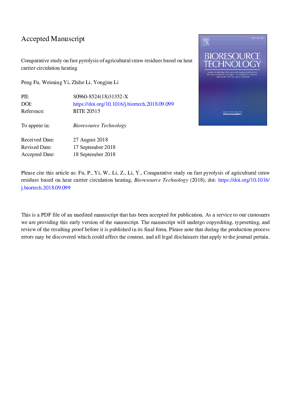 Comparative study on fast pyrolysis of agricultural straw residues based on heat carrier circulation heating