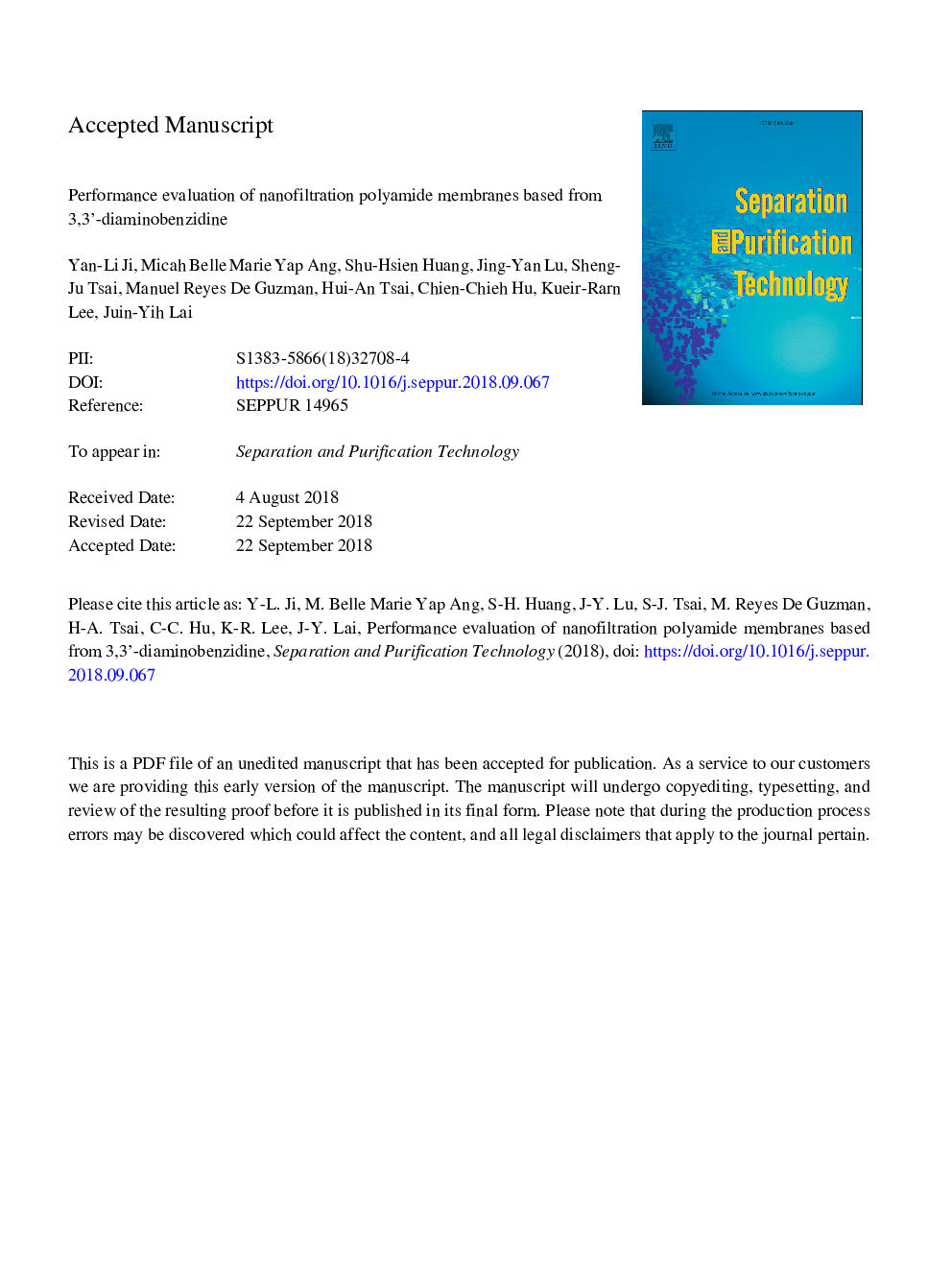 Performance evaluation of nanofiltration polyamide membranes based from 3,3â²-diaminobenzidine