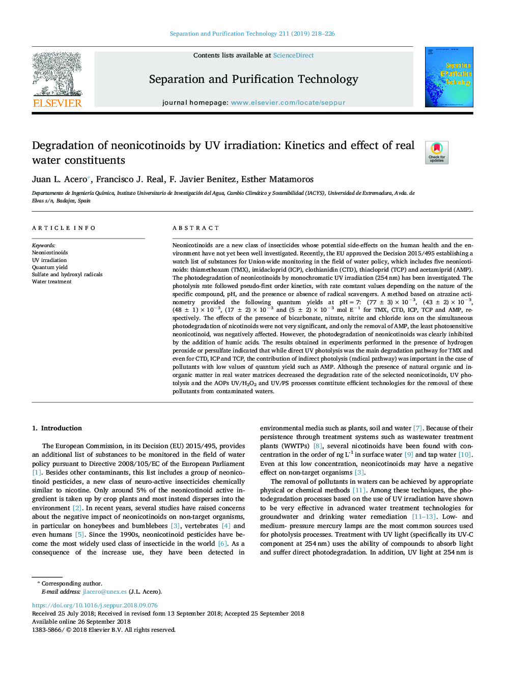 Degradation of neonicotinoids by UV irradiation: Kinetics and effect of real water constituents