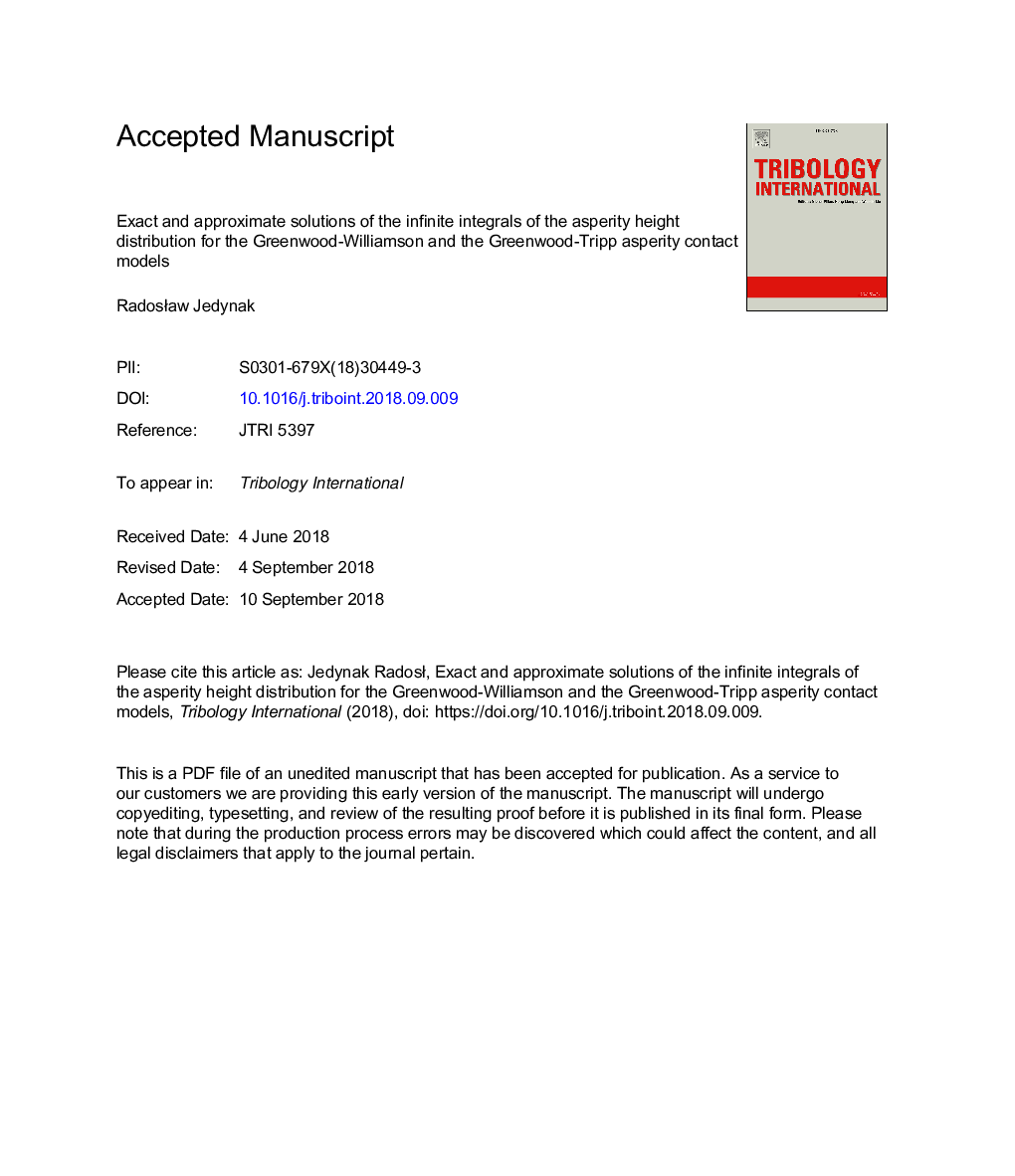 Exact and approximate solutions of the infinite integrals of the asperity height distribution for the Greenwood-Williamson and the Greenwood-Tripp asperity contact models