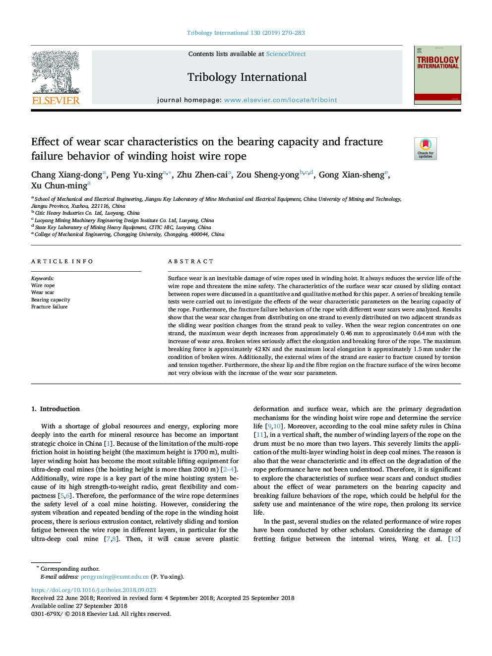 Effect of wear scar characteristics on the bearing capacity and fracture failure behavior of winding hoist wire rope