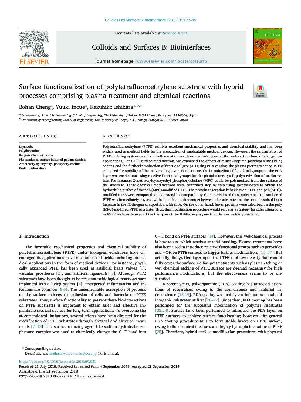 Surface functionalization of polytetrafluoroethylene substrate with hybrid processes comprising plasma treatment and chemical reactions