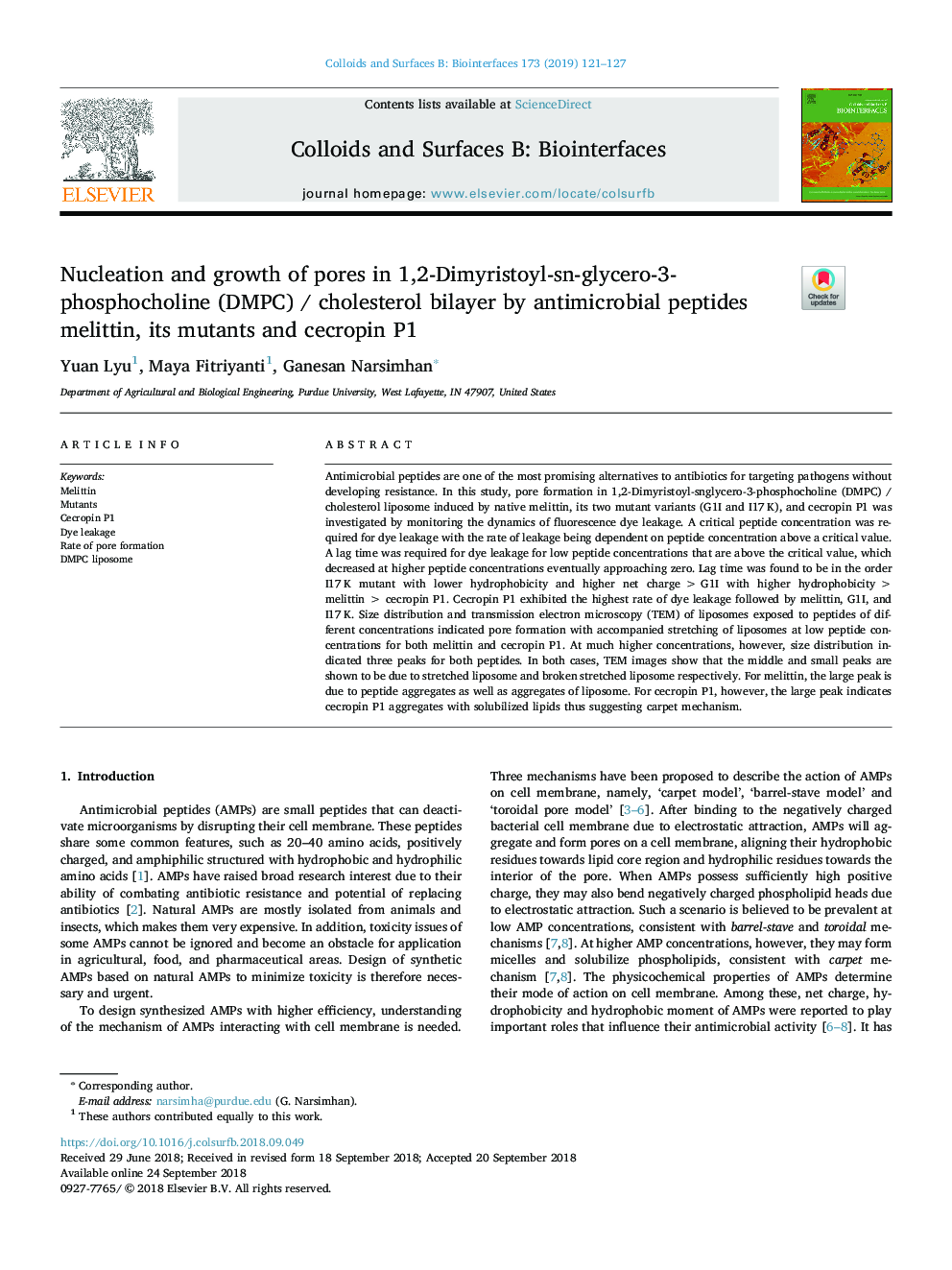 Nucleation and growth of pores in 1,2-Dimyristoyl-sn-glycero-3-phosphocholine (DMPC) / cholesterol bilayer by antimicrobial peptides melittin, its mutants and cecropin P1