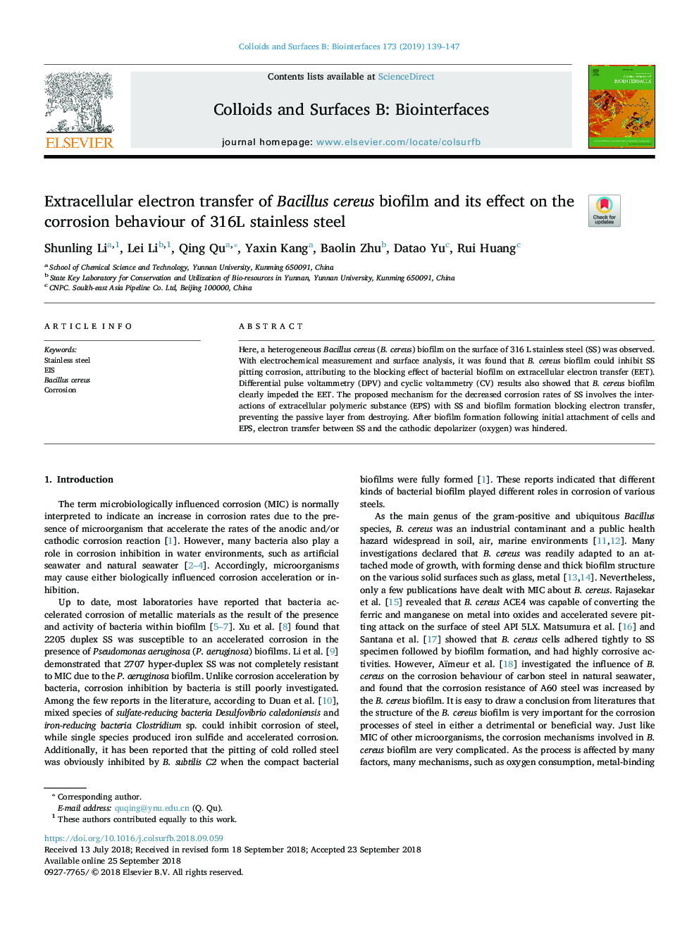 Extracellular electron transfer of Bacillus cereus biofilm and its effect on the corrosion behaviour of 316L stainless steel