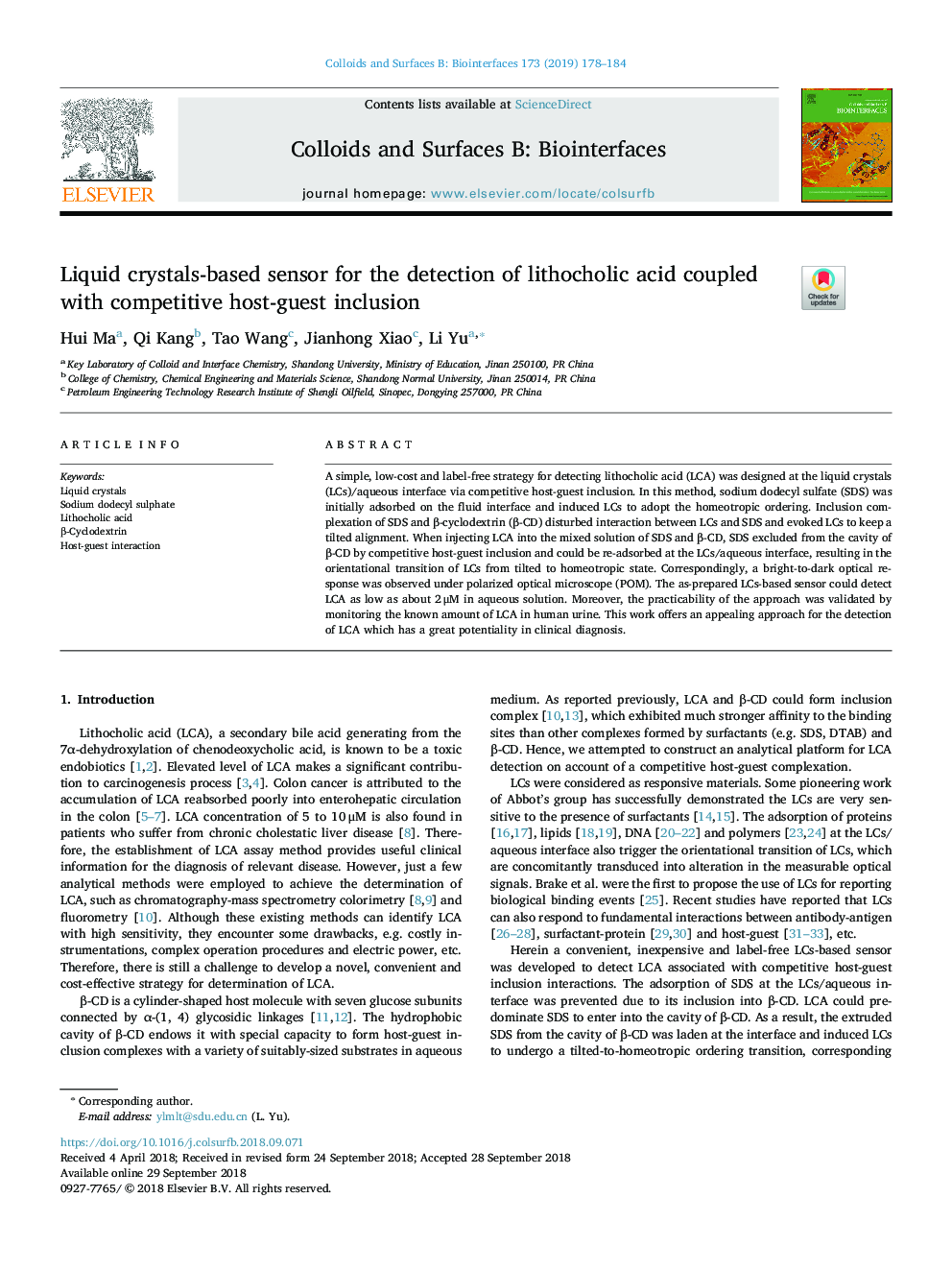 Liquid crystals-based sensor for the detection of lithocholic acid coupled with competitive host-guest inclusion