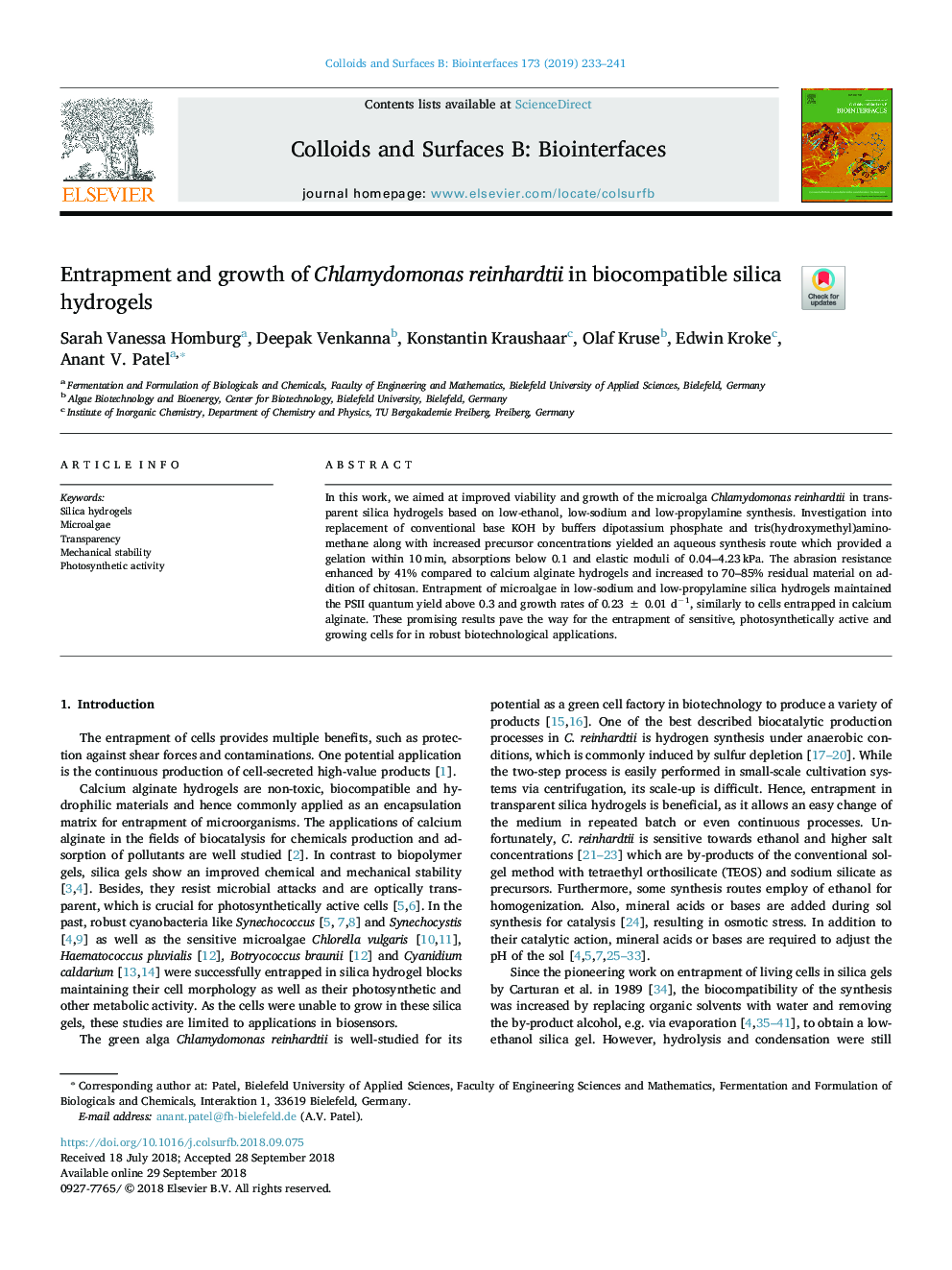 Entrapment and growth of Chlamydomonas reinhardtii in biocompatible silica hydrogels